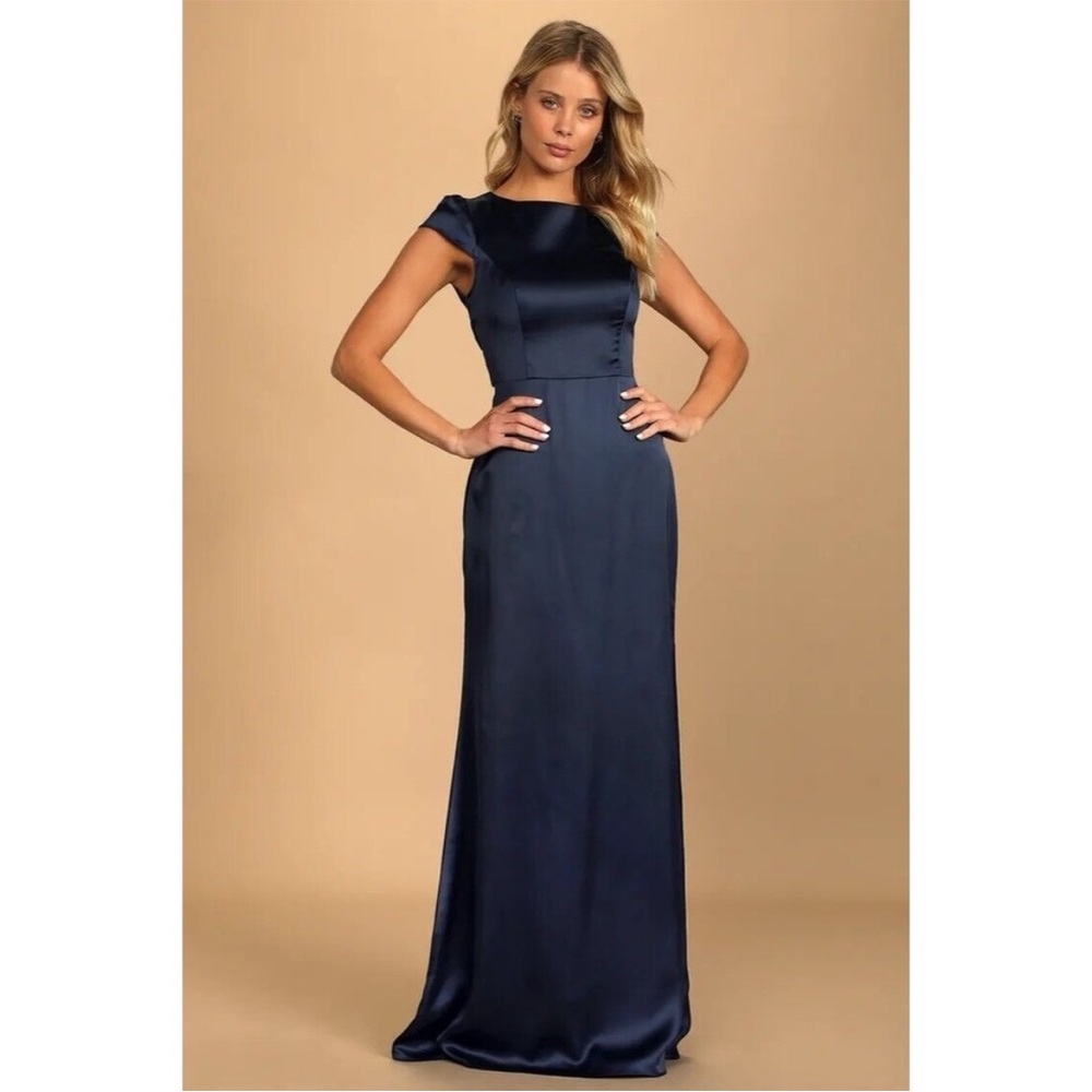 Lulus long navy blue silk open back bow dress. Worn once. Size XS.
